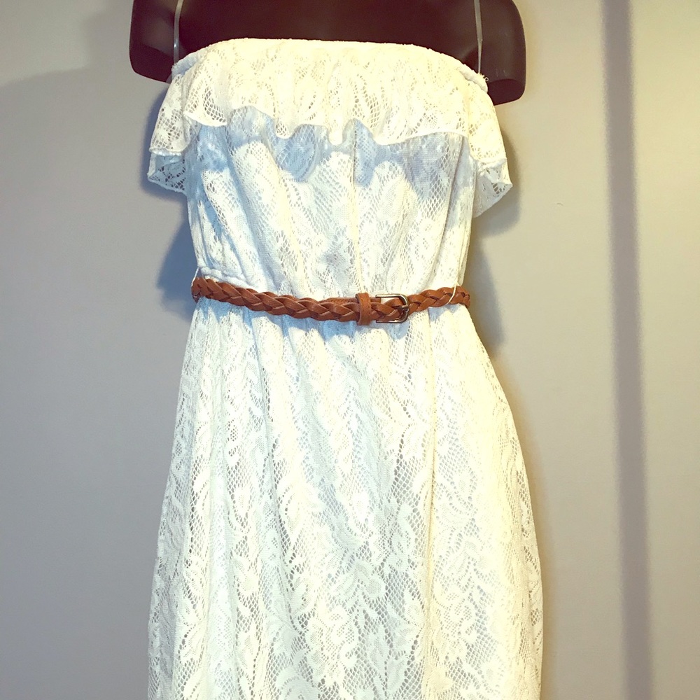 White Lace Straplesss Ruffle Top Belted Dress